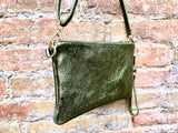 Small leather bag in METALLIC GREEN .Cross body, shoulder bag or wristlet in GENUINE leather. Green leather purse + adjustable strap