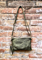 Small leather bag in METALLIC GREEN .Cross body, shoulder bag or wristlet in GENUINE leather. Green leather purse + adjustable strap