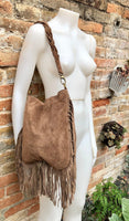 Brown crossbody / shoulder bag. Taupe brown boho suede leather bag with FRINGES. Genuine leather messenger with 2 straps. Brown suede purse