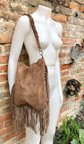 Brown crossbody / shoulder bag. Taupe brown boho suede leather bag with FRINGES. Genuine leather messenger with 2 straps. Brown suede purse