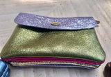 Small coin purse in genuine metallic leather with 3 pockets, zipper + flap. Fits credit cards, coins, bills. Retro glitter leather wallet.