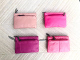 PINK coin purse in genuine leather, 3 zippers. Fits credit cards, coins, bills. Small leather wallet. Fuchsia, light , neon + purple pink