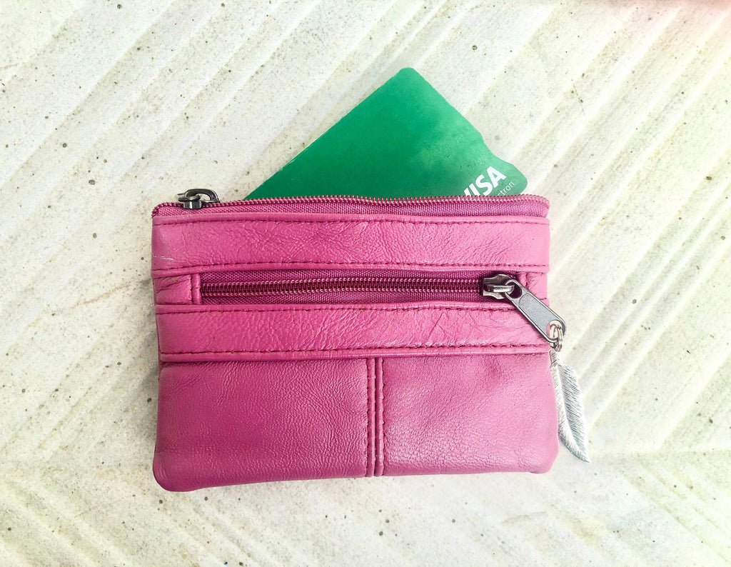 PINK coin purse in genuine leather, 3 zippers. Fits credit cards, coins, bills. Small leather wallet. Fuchsia, light , neon + purple pink