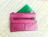 PINK coin purse in genuine leather, 3 zippers. Fits credit cards, coins, bills. Small leather wallet. Fuchsia, light , neon + purple pink