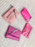 PINK coin purse in genuine leather, 3 zippers. Fits credit cards, coins, bills. Small leather wallet. Fuchsia, light , neon + purple pink