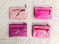 PINK coin purse in genuine leather, 3 zippers. Fits credit cards, coins, bills. Small leather wallet. Fuchsia, light , neon + purple pink