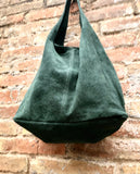 Large TOTE leather bag in GREEN with ZIPPER. Soft natural suede genuine leather shopper. Bohemian bag. Green suede slouch bag. Carry all bag