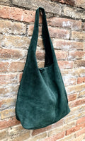 Large TOTE leather bag in GREEN with ZIPPER. Soft natural suede genuine leather shopper. Bohemian bag. Green suede slouch bag. Carry all bag