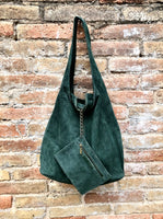 Large TOTE leather bag in GREEN with ZIPPER. Soft natural suede genuine leather shopper. Bohemian bag. Green suede slouch bag. Carry all bag