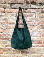 Large TOTE leather bag in GREEN with ZIPPER. Soft natural suede genuine leather shopper. Bohemian bag. Green suede slouch bag. Carry all bag