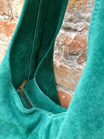 Large TOTE leather bag in GREEN with ZIPPER. Soft natural suede genuine leather shopper. Bohemian bag. Green suede slouch bag. Carry all bag