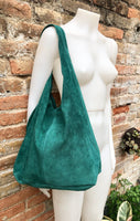 Large TOTE leather bag in GREEN with ZIPPER. Soft natural suede genuine leather shopper. Bohemian bag. Green suede slouch bag. Carry all bag