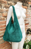 Large TOTE leather bag in GREEN with ZIPPER. Soft natural suede genuine leather shopper. Bohemian bag. Green suede slouch bag. Carry all bag