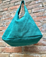 Large TOTE leather bag in GREEN with ZIPPER. Soft natural suede genuine leather shopper. Bohemian bag. Green suede slouch bag. Carry all bag
