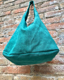 Large TOTE leather bag in GREEN with ZIPPER. Soft natural suede genuine leather shopper. Bohemian bag. Green suede slouch bag. Carry all bag