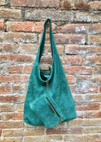 Large TOTE leather bag in GREEN with ZIPPER. Soft natural suede genuine leather shopper. Bohemian bag. Green suede slouch bag. Carry all bag