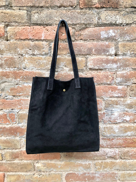 Tote suede leather bag in BLACK.Soft natural genuine leather shopper bag. Black suede shopper. Black shoulder bag. Black suede purse.