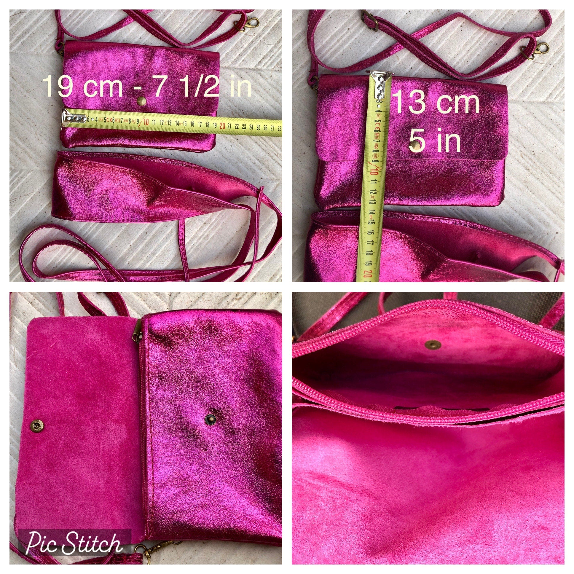 Metallic shine hot pink genuine leather bag + obi belt. Small shoulder / crossbody bag + belt set. Pink party purse + wraparound belt