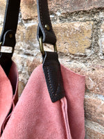 Salmon PINK slouch leather bag, brown leather wide strap. Light pink hobo bag. Soft genuine suede leather shopper. Pink suede purse,