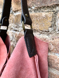 Salmon PINK slouch leather bag, brown leather wide strap. Light pink hobo bag. Soft genuine suede leather shopper. Pink suede purse,
