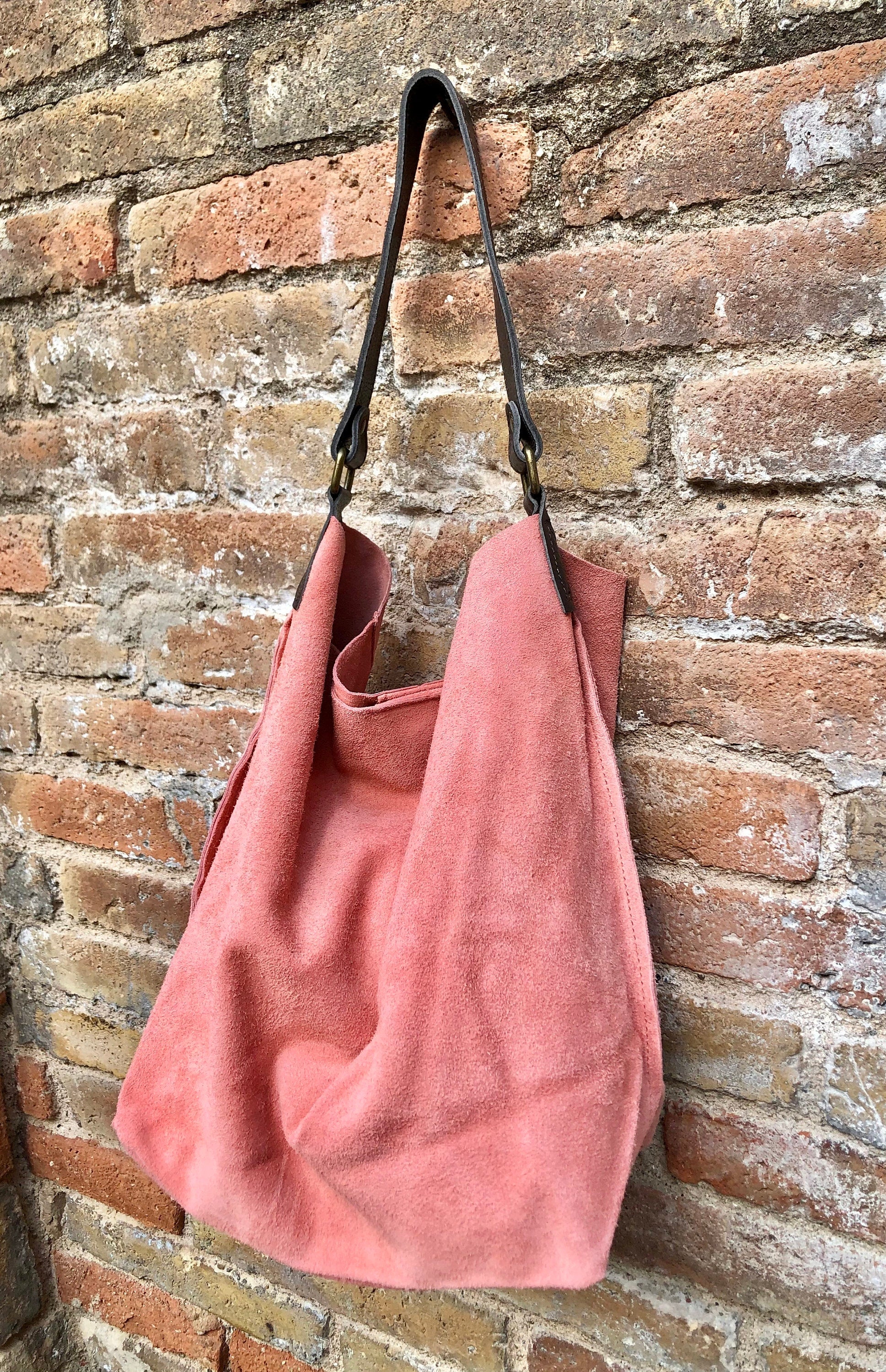 Salmon PINK slouch leather bag, brown leather wide strap. Light pink hobo bag. Soft genuine suede leather shopper. Pink suede purse,