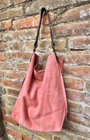 Salmon PINK slouch leather bag, brown leather wide strap. Light pink hobo bag. Soft genuine suede leather shopper. Pink suede purse,