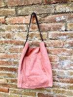 Salmon PINK slouch leather bag, brown leather wide strap. Light pink hobo bag. Soft genuine suede leather shopper. Pink suede purse,