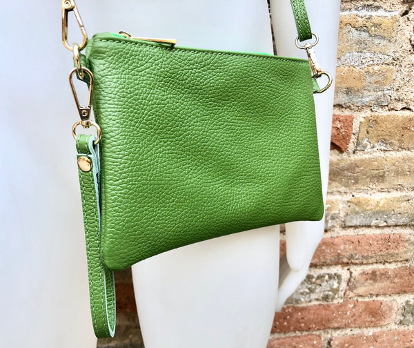 Small leather bag in green. GENUINE leather crossbody / shoulder bag . GREEN leather bag with adjustable strap. Small GREEN leather purse