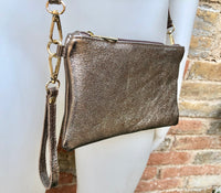 Small leather bag in METALLIC BRONZE. Cross body, shoulder bag or wristlet in GENUINE leather. Bronze leather purse + adjustable strap