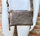 Small leather bag in METALLIC BRONZE. Cross body, shoulder bag or wristlet in GENUINE leather. Bronze leather purse + adjustable strap