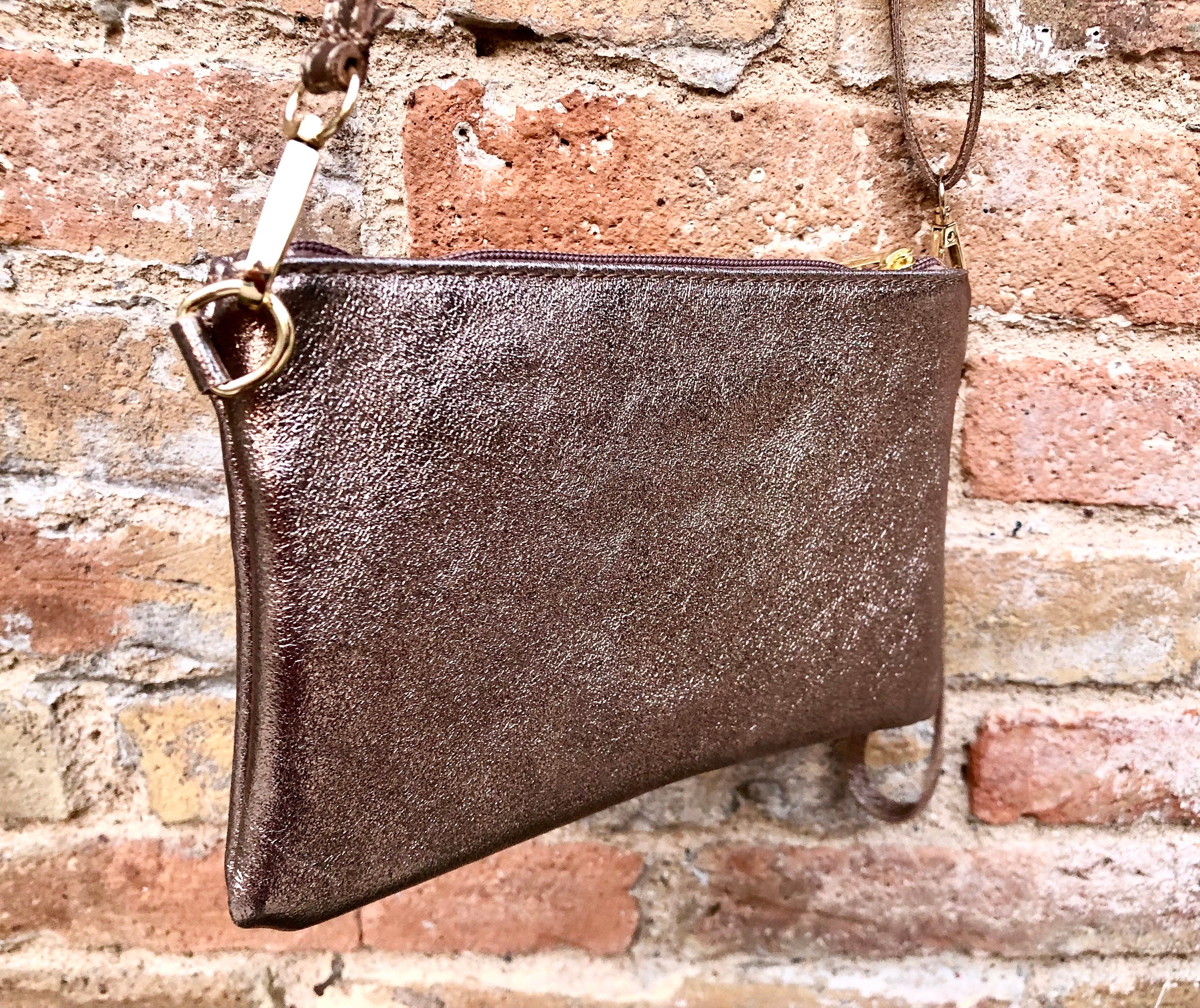 Small leather bag in METALLIC BRONZE. Cross body, shoulder bag or wristlet in GENUINE leather. Bronze leather purse + adjustable strap