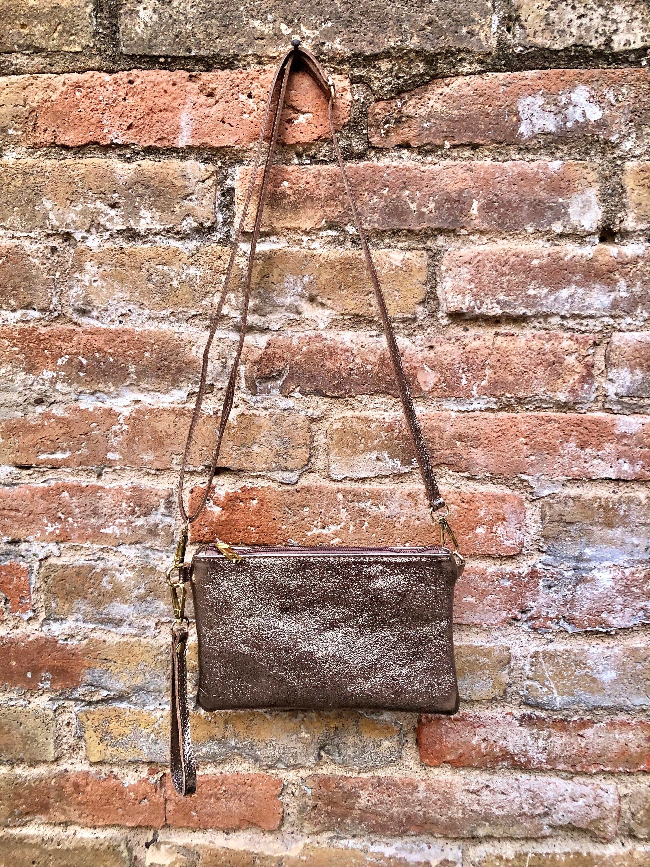 Small leather bag in METALLIC BRONZE. Cross body, shoulder bag or wristlet in GENUINE leather. Bronze leather purse + adjustable strap