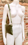 Small leather bag in METALLIC GREEN .Cross body, shoulder bag or wristlet in GENUINE leather. Green leather purse + adjustable strap