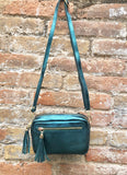 Metallic leather teal blue small leather bag. GENUINE leather shoulder / crossbody bag. Blue-green purse with adjustable strap + zipper