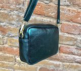 Metallic leather teal blue small leather bag. GENUINE leather shoulder / crossbody bag. Blue-green purse with adjustable strap + zipper