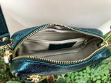 Metallic leather teal blue small leather bag. GENUINE leather shoulder / crossbody bag. Blue-green purse with adjustable strap + zipper