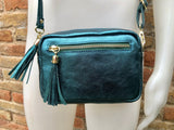 Metallic leather teal blue small leather bag. GENUINE leather shoulder / crossbody bag. Blue-green purse with adjustable strap + zipper