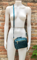 Metallic leather teal blue small leather bag. GENUINE leather shoulder / crossbody bag. Blue-green purse with adjustable strap + zipper