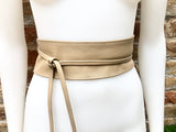 Beige wrap belt in soft leather. LONGER option. Waist, dress or wraparound belt in genuine leather. Boho obi beige color belt.