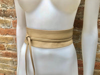 Beige wrap belt in soft leather. LONGER option. Waist, dress or wraparound belt in genuine leather. Boho obi beige color belt.