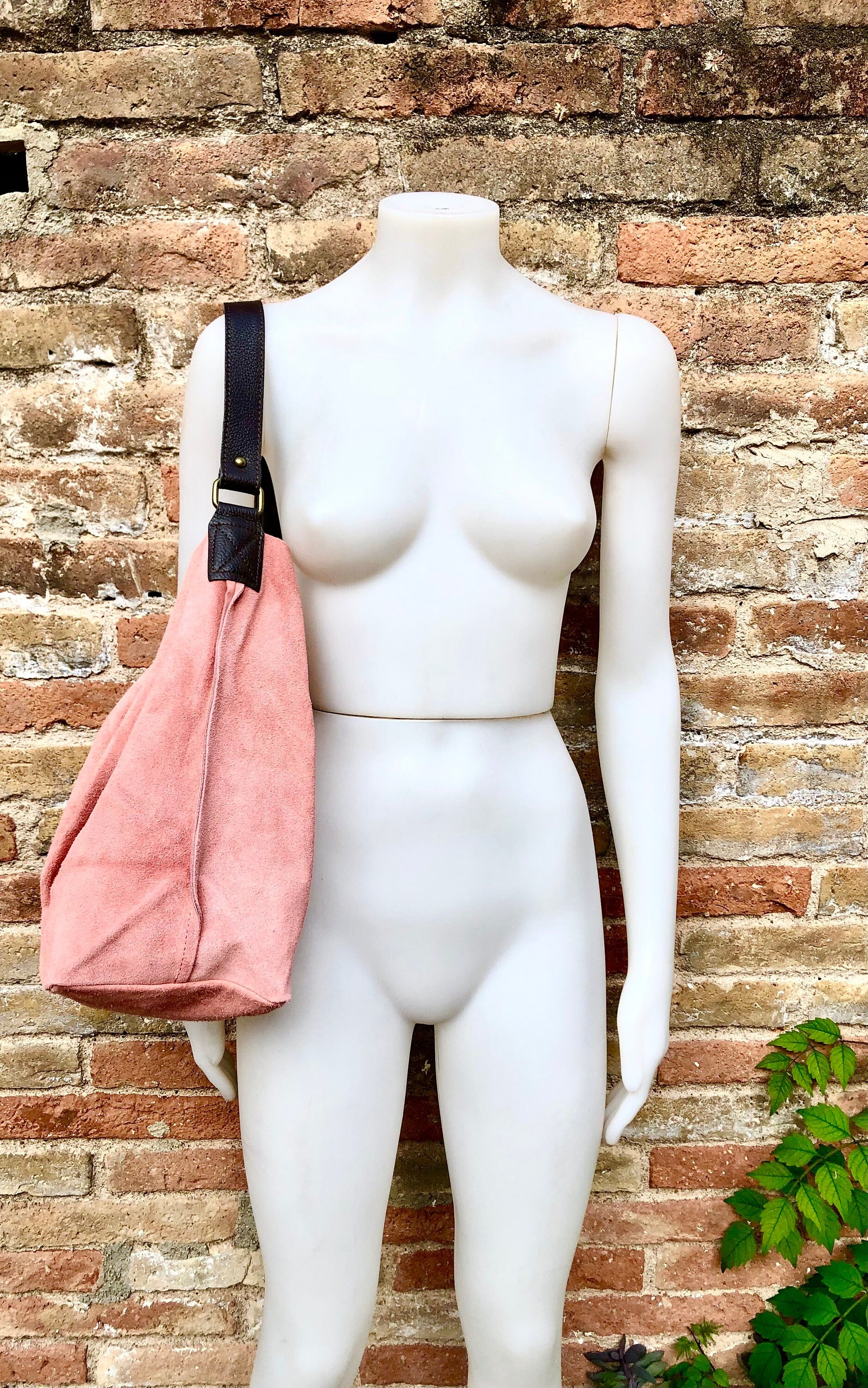 Salmon PINK slouch leather bag, brown leather wide strap. Light pink hobo bag. Soft genuine suede leather shopper. Pink suede purse,