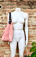 Salmon PINK slouch leather bag, brown leather wide strap. Light pink hobo bag. Soft genuine suede leather shopper. Pink suede purse,