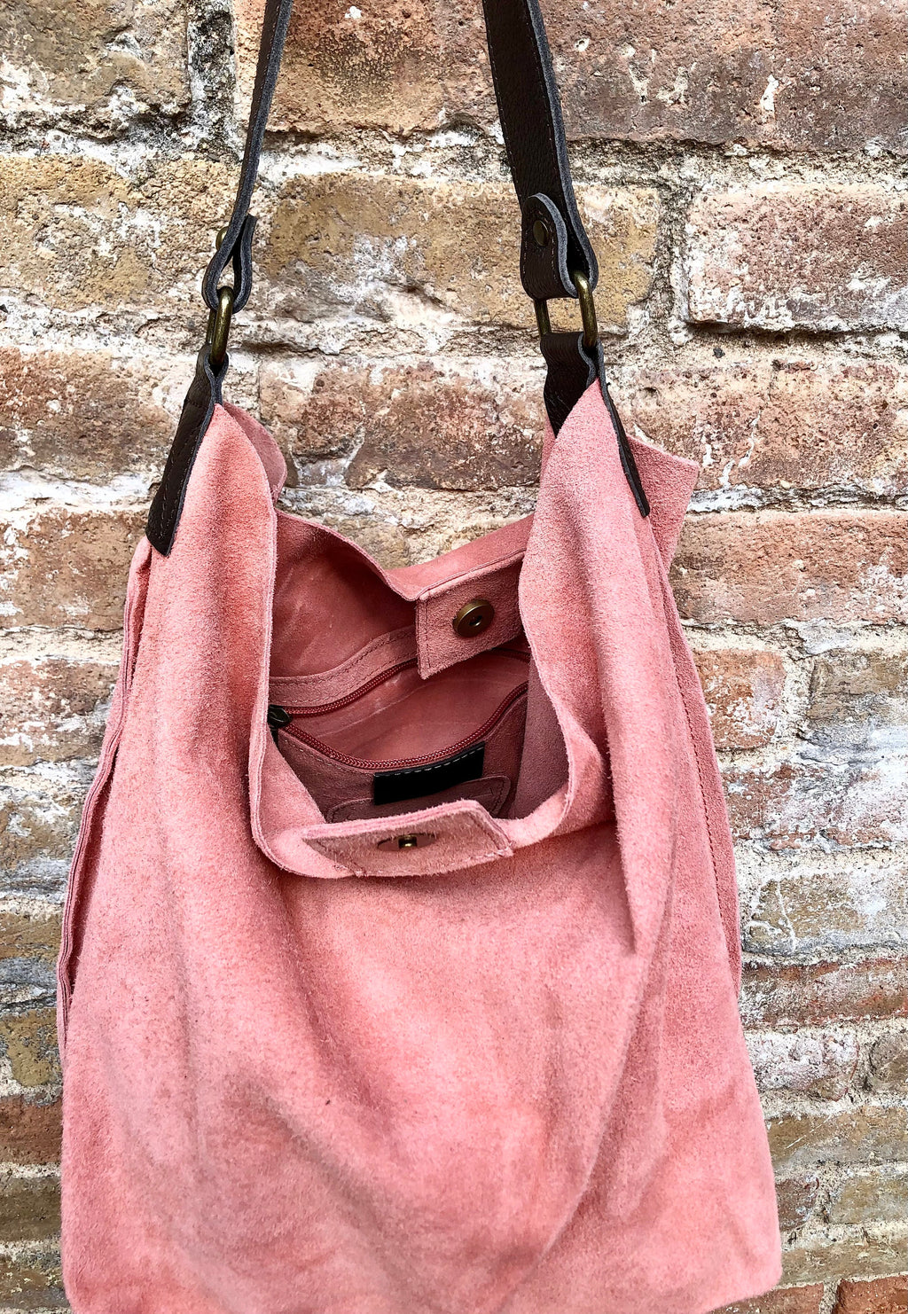 Salmon PINK slouch leather bag, brown leather wide strap. Light pink hobo bag. Soft genuine suede leather shopper. Pink suede purse,
