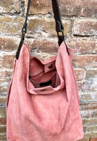 Salmon PINK slouch leather bag, brown leather wide strap. Light pink hobo bag. Soft genuine suede leather shopper. Pink suede purse,