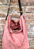 Salmon PINK slouch leather bag, brown leather wide strap. Light pink hobo bag. Soft genuine suede leather shopper. Pink suede purse,