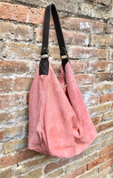 Salmon PINK slouch leather bag, brown leather wide strap. Light pink hobo bag. Soft genuine suede leather shopper. Pink suede purse,
