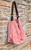 Salmon PINK slouch leather bag, brown leather wide strap. Light pink hobo bag. Soft genuine suede leather shopper. Pink suede purse,