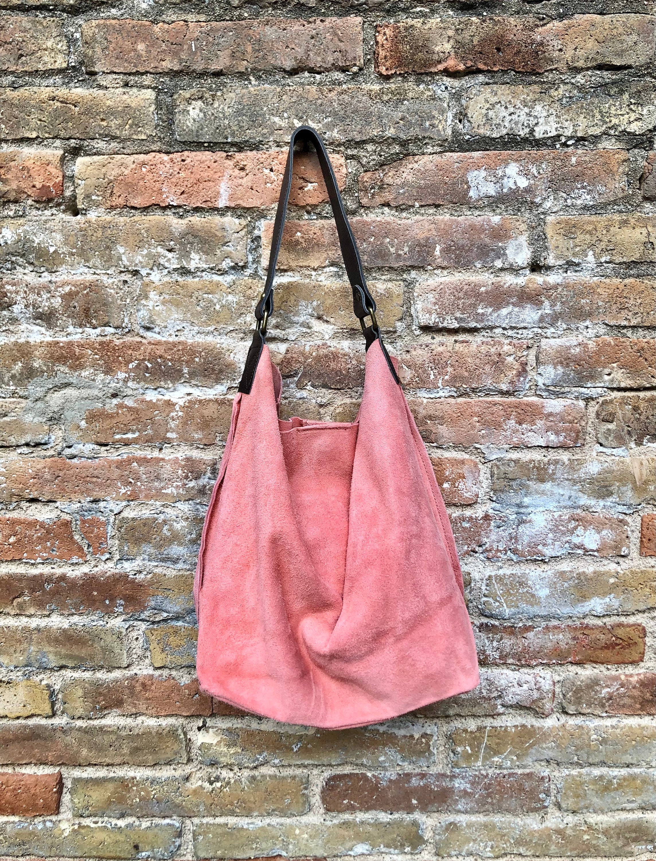 Salmon PINK slouch leather bag, brown leather wide strap. Light pink hobo bag. Soft genuine suede leather shopper. Pink suede purse,