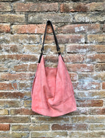 Salmon PINK slouch leather bag, brown leather wide strap. Light pink hobo bag. Soft genuine suede leather shopper. Pink suede purse,