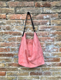 Salmon PINK slouch leather bag, brown leather wide strap. Light pink hobo bag. Soft genuine suede leather shopper. Pink suede purse,